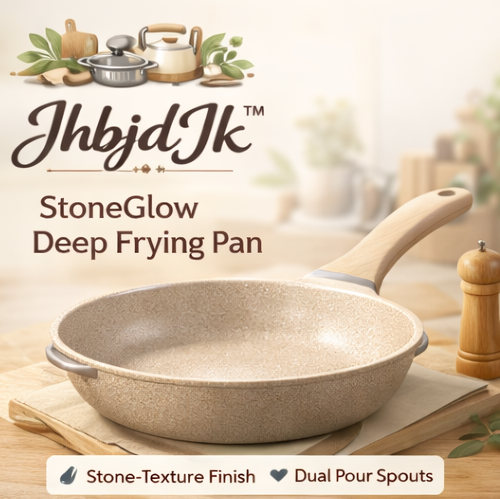 JhbjdJk™ StoneGlow Deep Frying Pan – Modern Cozy Nonstick Skillet with Soft Beige Stone Finish, Pour Spouts & Comfort Grip Handle
