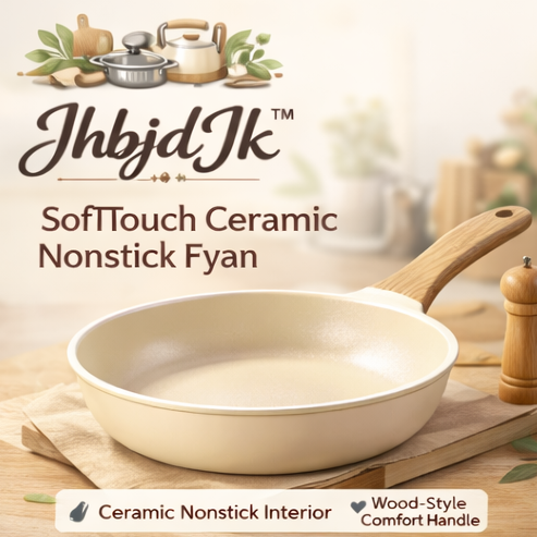 JhbjdJk™ SoftTouch Ceramic Nonstick Frying Pan – Modern Cozy Kitchen Skillet with Wooden Comfort Handle, Induction Compatible, Everyday Cooking Pan