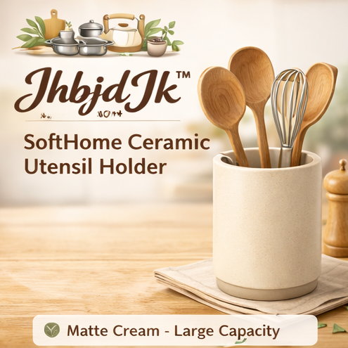 JhbjdJk™ SoftHome Ceramic Utensil Holder – Modern Cozy Kitchen Utensil Crock with Matte Cream Finish, Large Countertop Spoon & Spatula Organizer