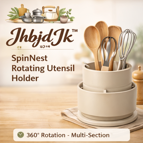 JhbjdJk™ SpinNest Rotating Utensil Holder – 360° Modern Kitchen Tool Organizer with Soft Neutral Finish & Smooth Rotation Base